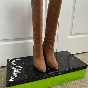 Sam Edelman Indigo Stacked Heel Camel Suede Knee-High Boots